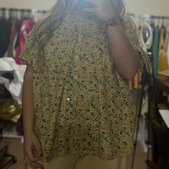 Wonderly Tops - Wonderly Floral Button Down Shirt - Yellow and Green